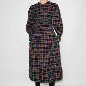 GANNI Seersucker Smocked Midi Dress (Size 40)
